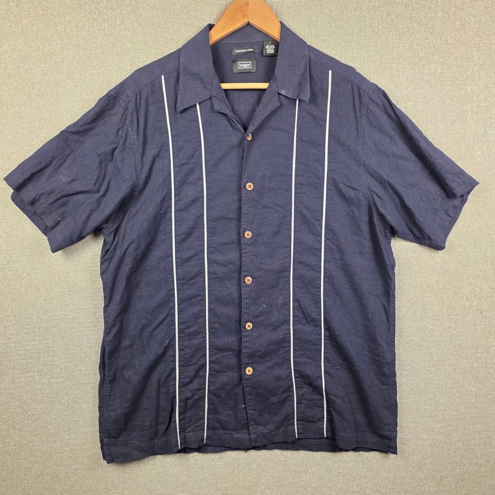 Haggar Mens Large Navy Blue Washable Linen Blend Striped Camp Shirt Short Sleeve